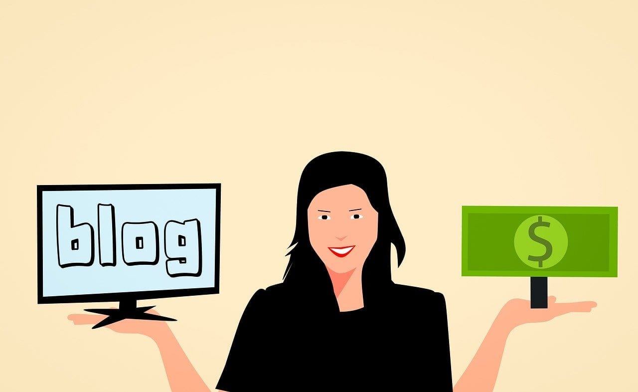 A person holding a blog sign in one and a dollar note in another hand